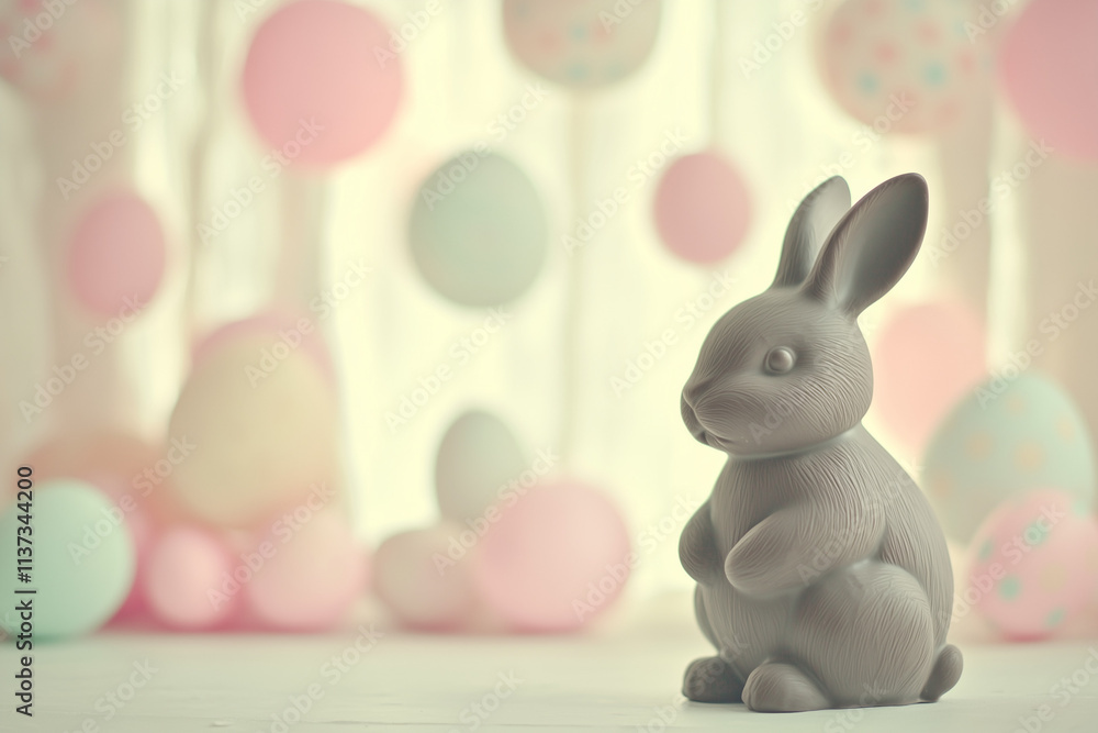 Close-up of a chocolate bunny with pastel decorations in the background, soft natural lighting, festive and playful Easter feel Close-up of a chocolate bunny with pastel decorations in the background, soft natural lighting, festive and playful Easter feel