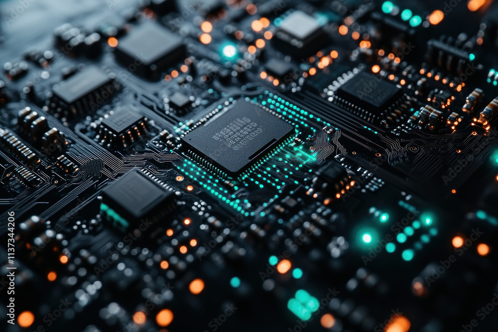 Close-up of a circuit board with glowing processor. Close-up of a circuit board with glowing processor.