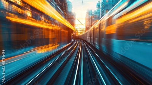 High-Speed Rail Journey Through Urban Metropolis: A Dynamic Motion Blur Photograph Capturing the Essence of Modern Transportation and Urban Development at Sunset