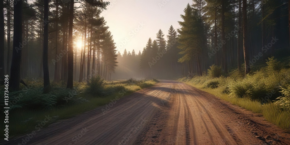Obraz premium Countryside racetrack through the woods at dusk, rural, nature