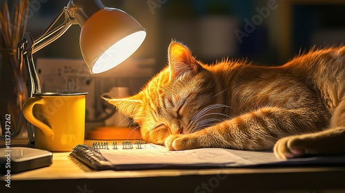 Cat working late in office under desk lamp humorous animal scene cozy workspace nighttime environment whimsical viewpoint concept of feline productivity for seo impact photo