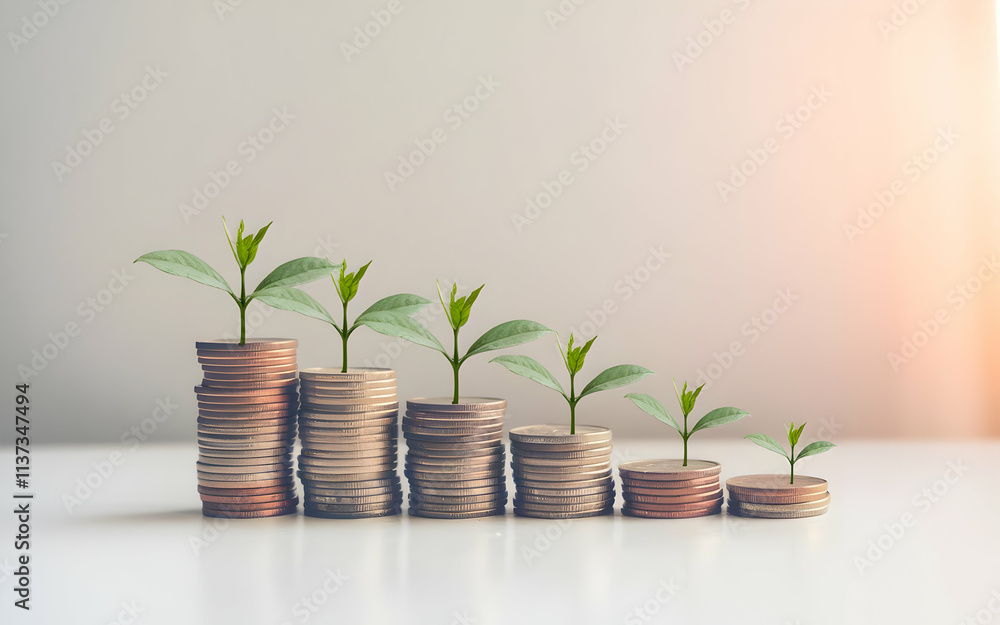 Growing Prosperity: Stacks of coins with sprouting green plants symbolize financial growth, success, and investment. This image evokes a sense of optimism and progress. Growing Prosperity: Stacks of coins with sprouting green plants symbolize financial growth, success, and investment. This image evokes a sense of optimism and progress.