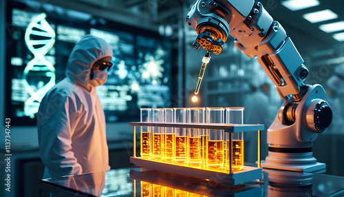 Robotic Arms Handling Glowing Test Tubes in a High Tech Lab