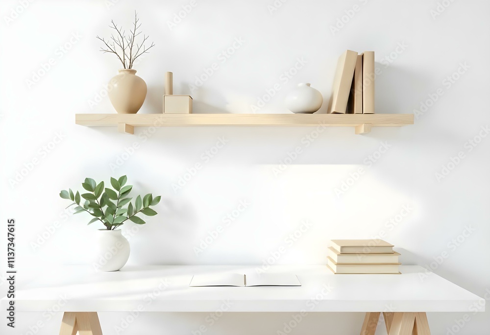 Modern minimalist home office setup featuring open notebook, plants, and books Modern minimalist home office setup featuring open notebook, plants, and books