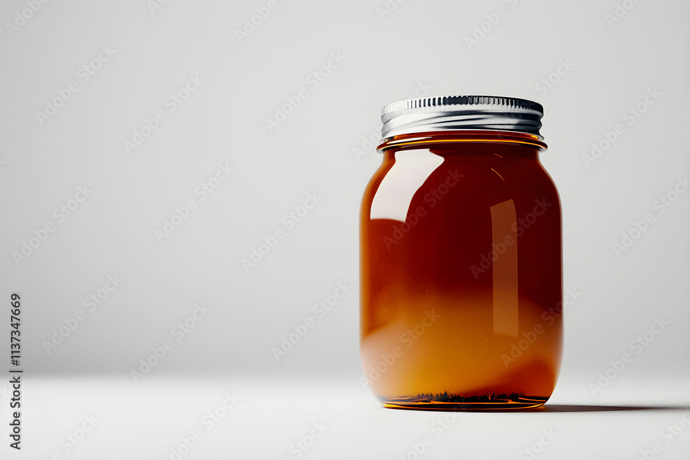 Glass jar filled with golden honey on a clean, minimalist background showcasing natural sweetness and culinary uses Glass jar filled with golden honey on a clean, minimalist background showcasing natural sweetness and culinary uses