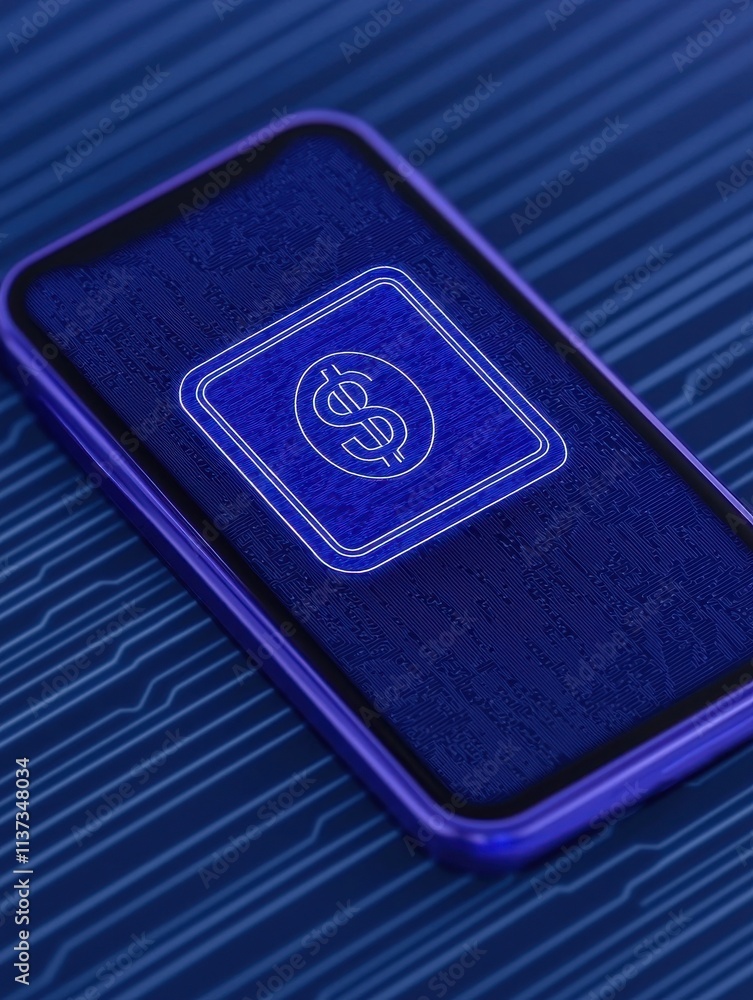 mobile payment integration concept. Mobile phone displaying a dollar symbol on a blue background. mobile payment integration concept. Mobile phone displaying a dollar symbol on a blue background.