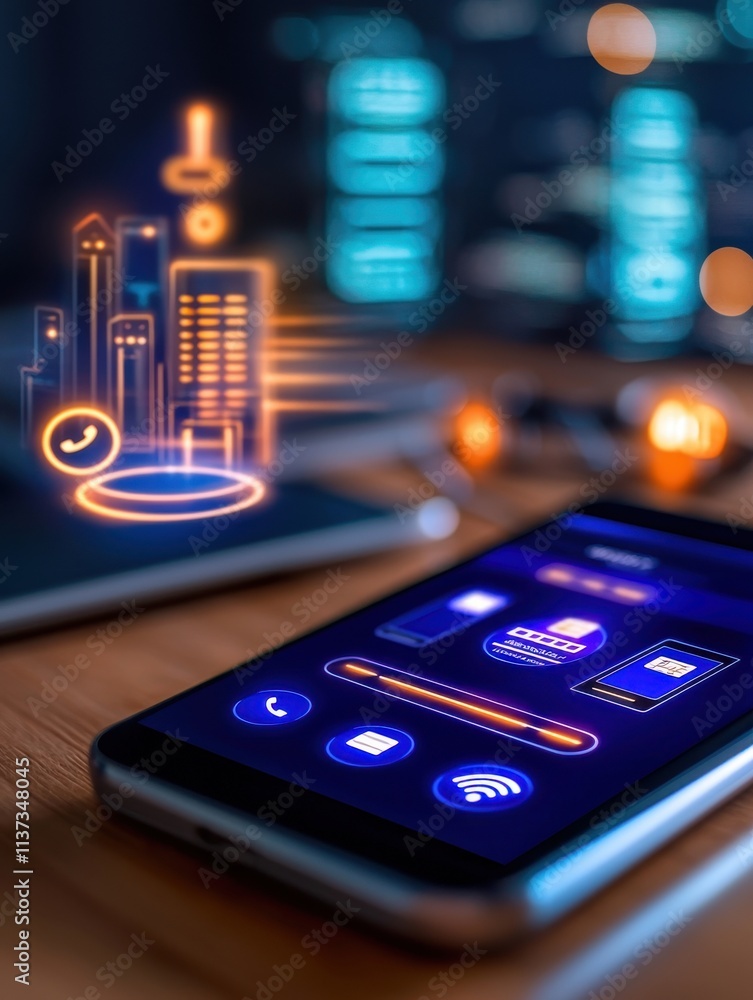 Obraz premium mobile payment integration concept. Smartphone displaying futuristic urban digital interface concepts.
