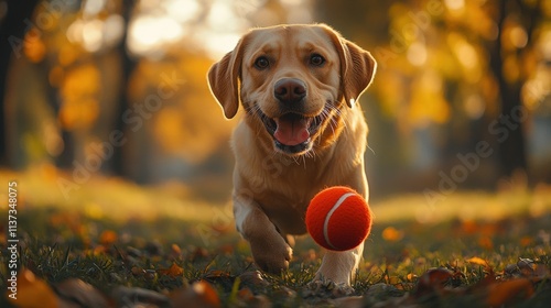 2yearold Labrador Retriever joyfully plays with red ball in park photo