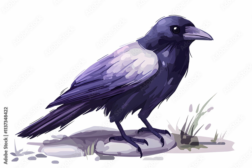 Fototapeta premium Detailed Illustration of a Mystical Raven with Dark Plumage and Unique Features Against a Simple Background
