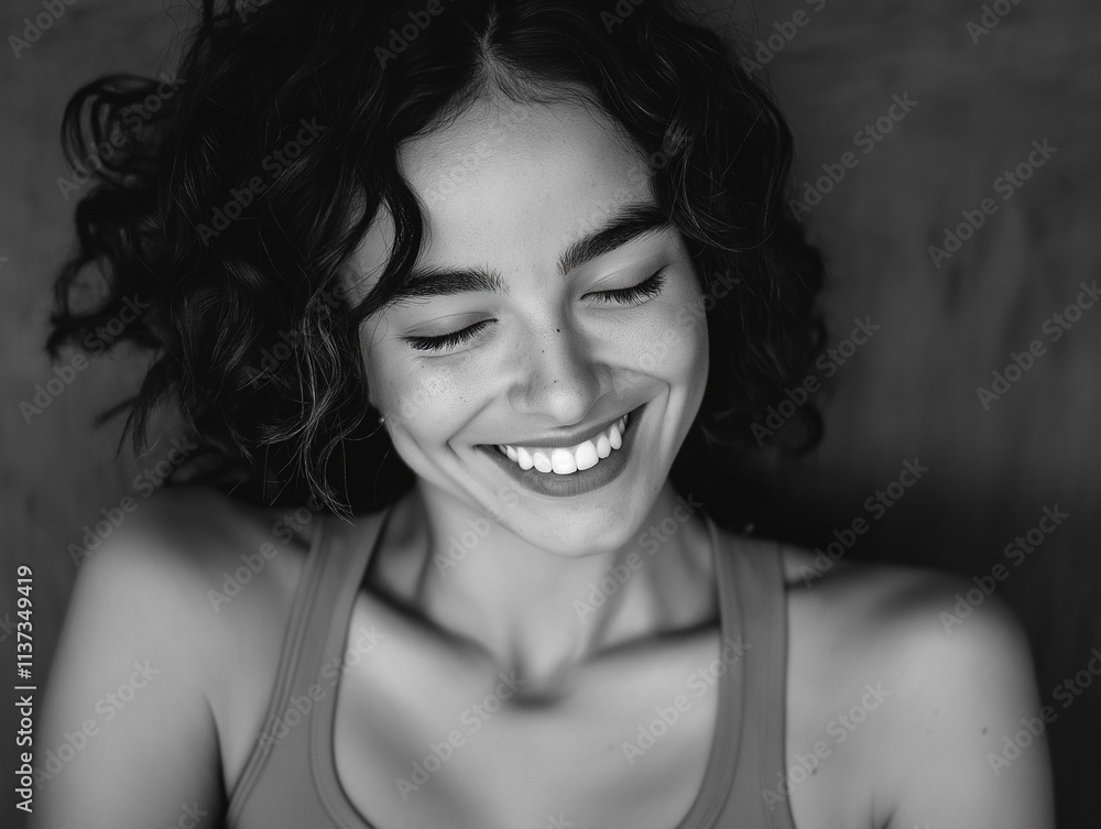 Naklejka premium Monochrome fitness transformation, close-up of smiling person post-workout, minimalist, contrast in energy levels, high-contrast black and white, retro fitness wear 