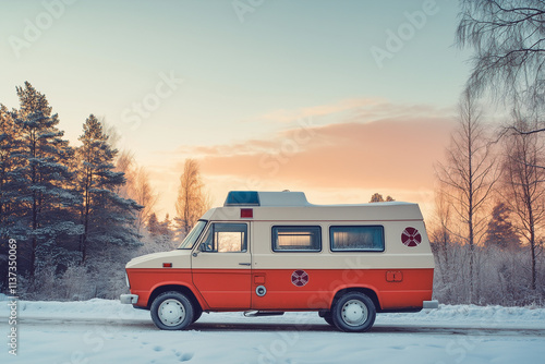 Wallpaper Mural Classic winter rescue scene, an ambulance with flashing lights assisting a stranded vehicle during a snowstorm, dramatic and immersive composition Torontodigital.ca