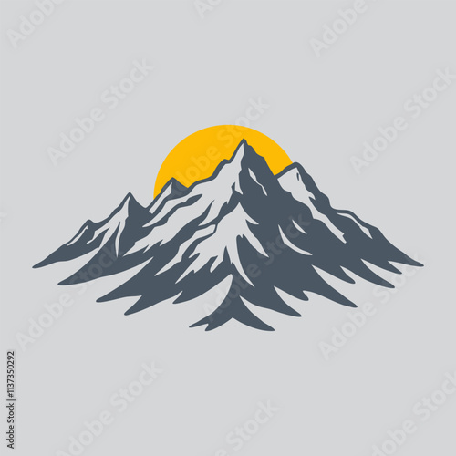 Stylized mountains with a vibrant yellow sun rising behind the mountains on a soft grey background