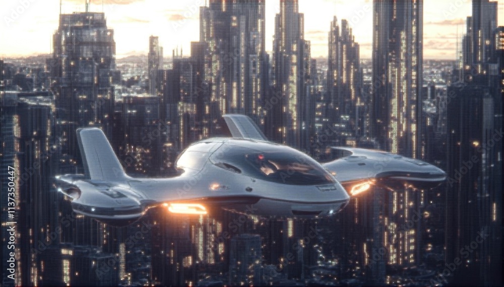 A futuristic flying vehicle soaring above a vibrant cityscape. A futuristic flying vehicle soaring above a vibrant cityscape.