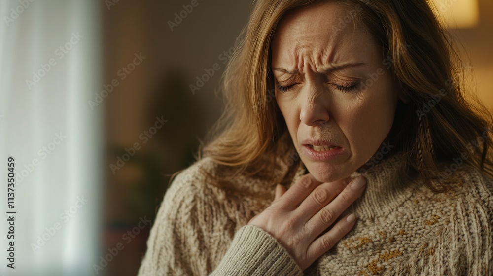 Middle-aged female having respiratory symptoms, beige knitted winter top, long hair, hand on chest while coughing, natural home environment, soft focus portrait Middle-aged female having respiratory symptoms, beige knitted winter top, long hair, hand on chest while coughing, natural home environment, soft focus portrait
