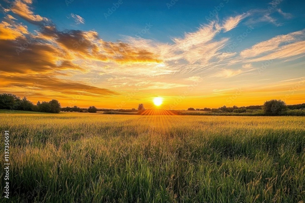 A serene sunset over a lush green field, showcasing nature's beauty. A serene sunset over a lush green field, showcasing nature's beauty.