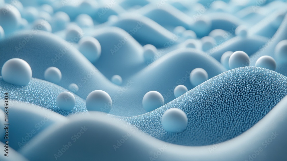 Obraz premium Abstract representation of waves and spheres in a blue-toned environment.