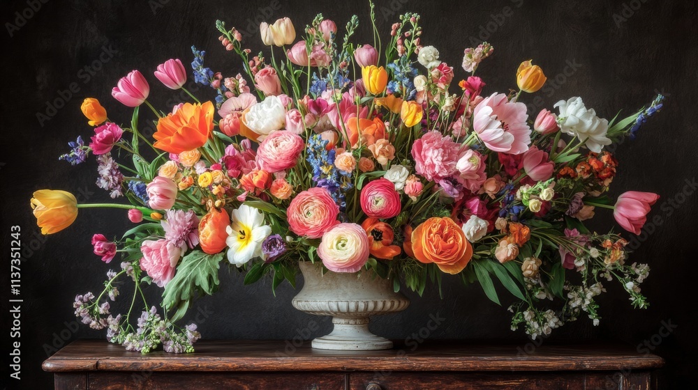 Vibrant Spring Flower Arrangement in Antique Urn Vibrant Spring Flower Arrangement in Antique Urn