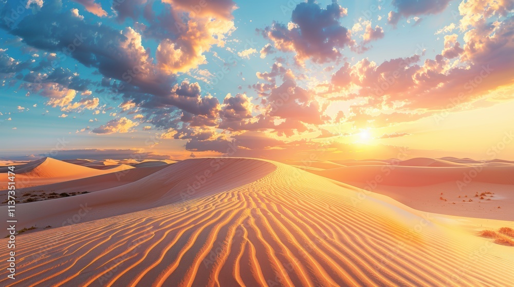 Serene desert landscape at sunset with vibrant clouds and sand dunes. Serene desert landscape at sunset with vibrant clouds and sand dunes.