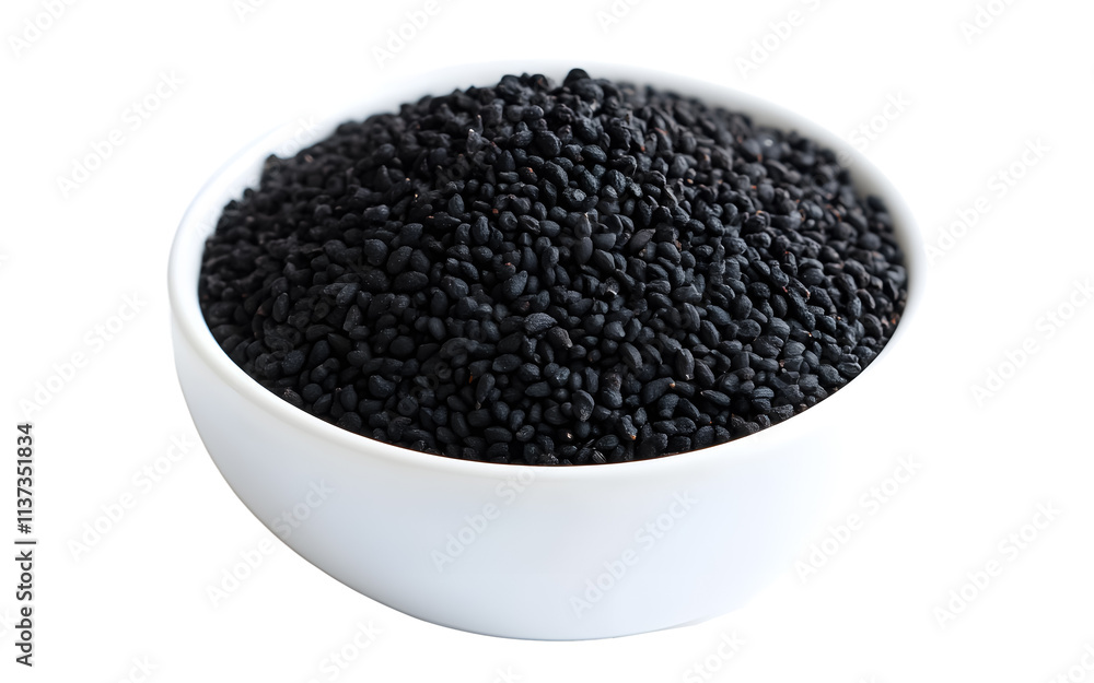 Black cumin seeds in a white bowl on a transparent background. isolated background. Black cumin seeds in a white bowl on a transparent background. isolated background.