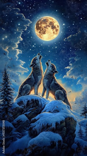 Wallpaper Mural Two wolves howling at a full moon in a snowy landscape. Torontodigital.ca