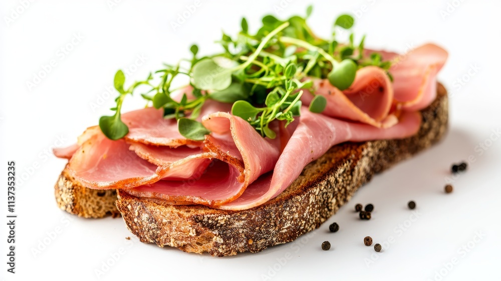 Gourmet open-faced sandwich, thinly sliced premium ham, vibrant micro herbs, textured crusty bread, professional food composition, seamless white background, side angle view Gourmet open-faced sandwich, thinly sliced premium ham, vibrant micro herbs, textured crusty bread, professional food composition, seamless white background, side angle view