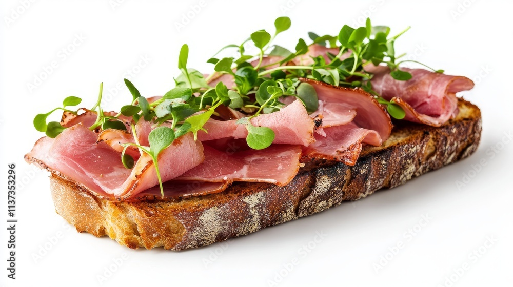 Gourmet open-faced sandwich, thinly sliced premium ham, vibrant micro herbs, textured crusty bread, professional food composition, seamless white background, side angle view Gourmet open-faced sandwich, thinly sliced premium ham, vibrant micro herbs, textured crusty bread, professional food composition, seamless white background, side angle view