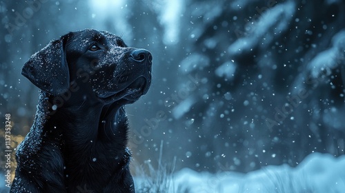 Black Labrador Retriever in snowcovered forest with dramatic lighting photo