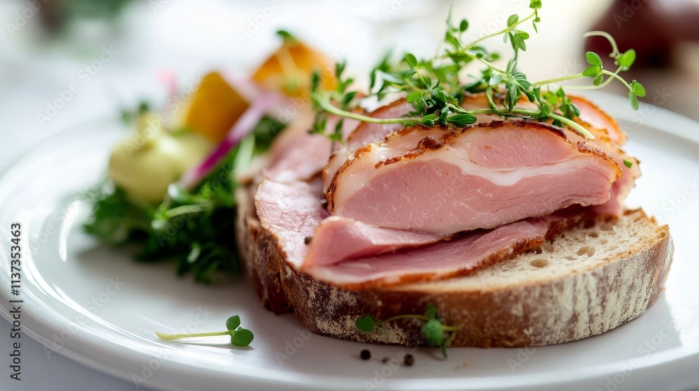 Elegant food presentation showing layered pink meat on golden brown bread, fresh green accents, high-end food photography, soft shadows, pure white environment, shallow depth of field Elegant food presentation showing layered pink meat on golden brown bread, fresh green accents, high-end food photography, soft shadows, pure white environment, shallow depth of field