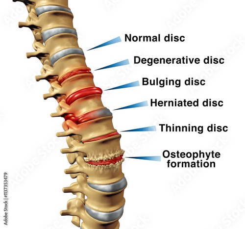 Tableau sur toile Spine Disorders back pain concept with degenerative disc or bulging and Herniated or thinning discs and osteophyte formation on a skeletal vertebra as a close up of a vertabrate