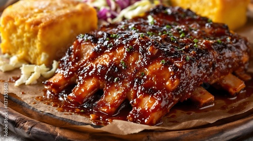 A photorealistic closeup of sticky, glazed BBQ ribs served with coleslaw and cornbread on a rustic wooden plate.