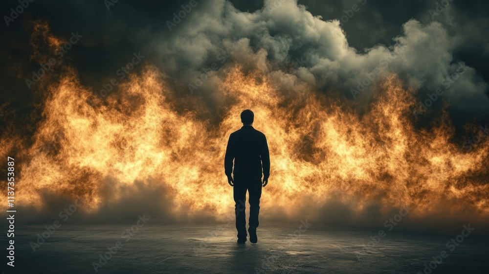 Man Walking Towards a Wall of Fire Man Walking Towards a Wall of Fire