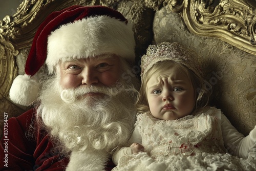 Festive season ad concept layout artwork for marketing material and social platforms use. Lively christmas, Ñute baby girl miserable with santa claus. Santa baby sitting lap. Festive charm ad. photo