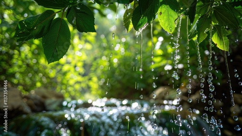 Water Droplets Falling from Green Leaves