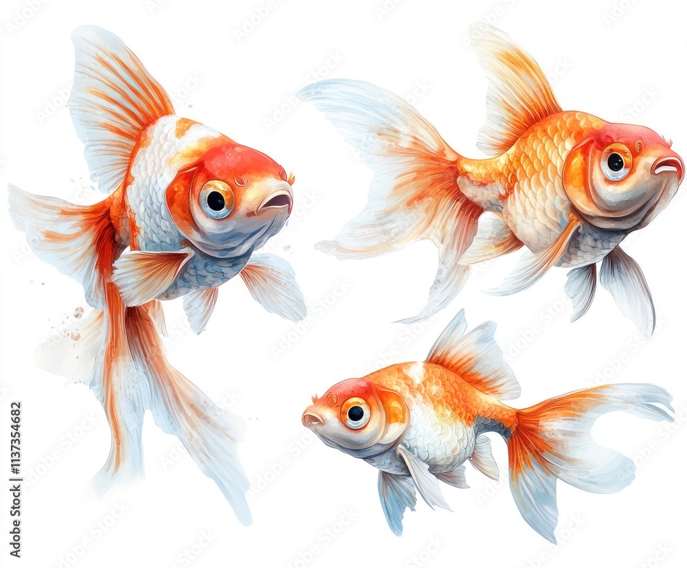 Three vibrant goldfish, red and white, swimming in different positions on a white background. Three vibrant goldfish, red and white, swimming in different positions on a white background.