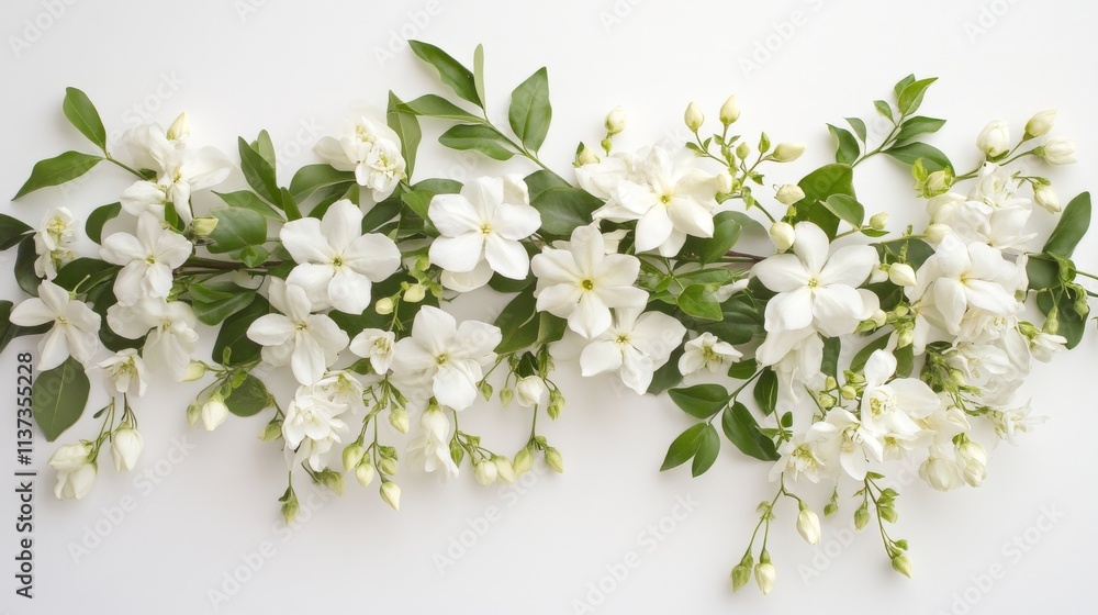 Graceful jasmine flowers arranged with fresh buds, pure white blooms, spring green accents, fine art floral photography, minimalist white setting, soft ethereal lighting Graceful jasmine flowers arranged with fresh buds, pure white blooms, spring green accents, fine art floral photography, minimalist white setting, soft ethereal lighting