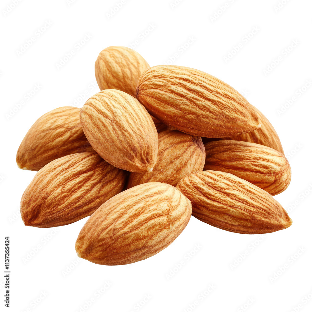 A close-up view of a group of raw almonds arranged on a clean transparent background showcasing their natural texture, Group of almonds A close-up view of a group of raw almonds arranged on a clean transparent background showcasing their natural texture, Group of almonds