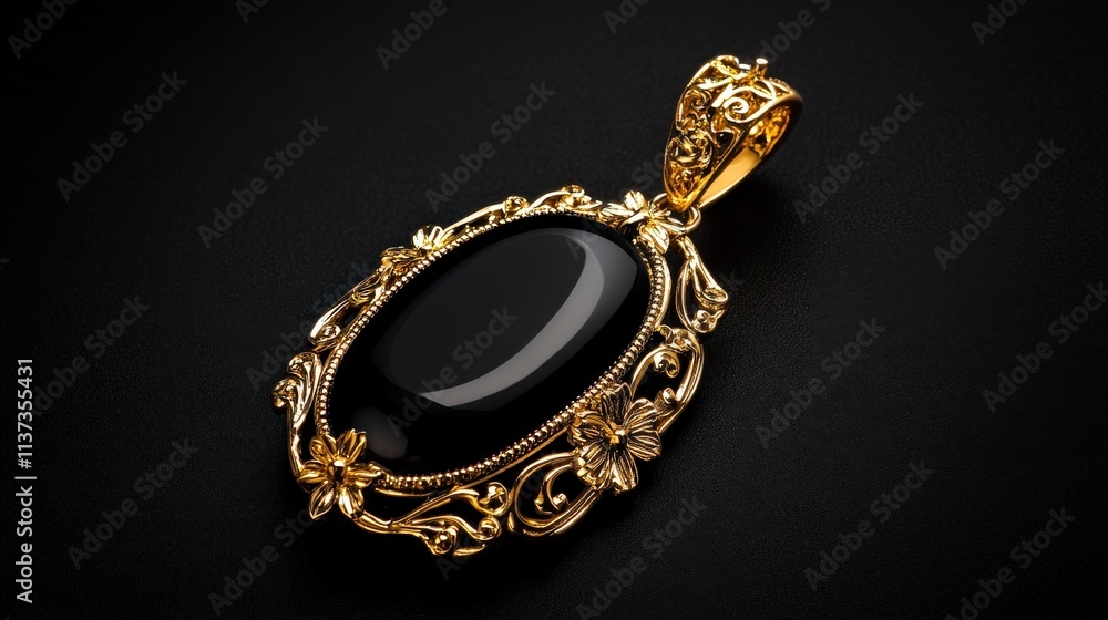 An onyx pendant with gold filigree, elegantly displayed on black. An onyx pendant with gold filigree, elegantly displayed on black.