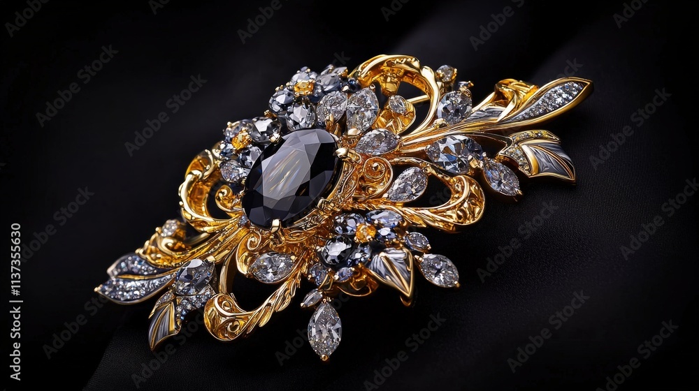 Naklejka premium A spinel-encrusted brooch with intricate gold details, glowing softly on black.