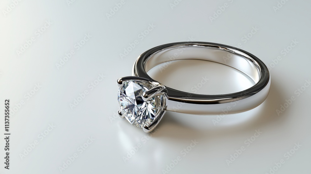 A solitaire diamond ring with a platinum band, glowing on a white surface. A solitaire diamond ring with a platinum band, glowing on a white surface.