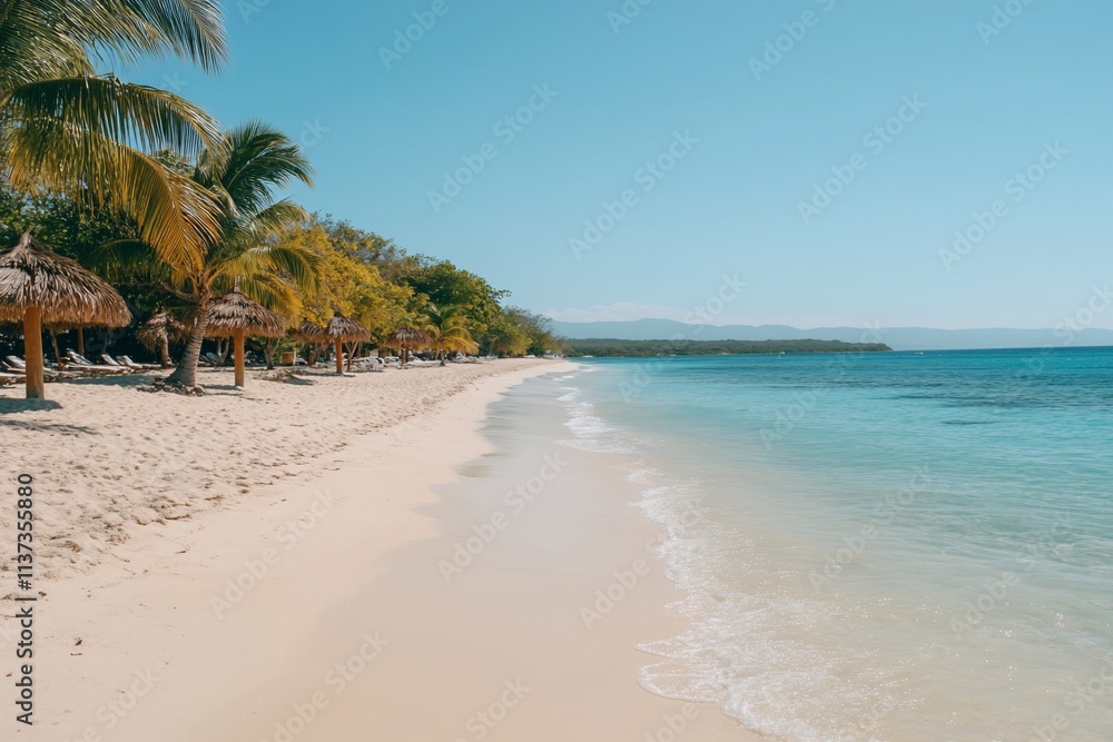 A serene beach scene with palm trees and clear blue water. A serene beach scene with palm trees and clear blue water.
