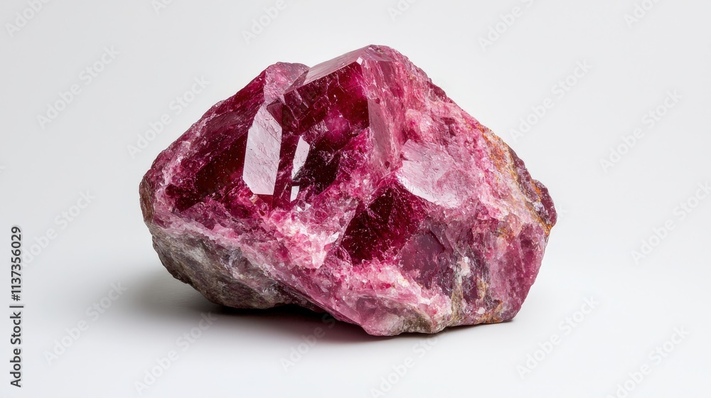 A raw ruby stone showing its natural structure, placed on a clean white background.