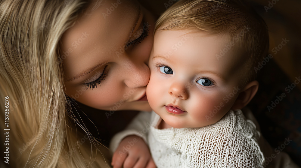 Warm embrace of a mother kissing her baby’s cheek, holding them tenderly at home Warm embrace of a mother kissing her baby’s cheek, holding them tenderly at home