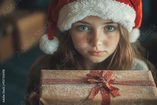 Noel ad campaign concept graphic for banner and web marketing use. Young woman joyful in a red santa cap, with package. Christmas decoration ad. Holiday ad campaign. Santa theme posters. photo