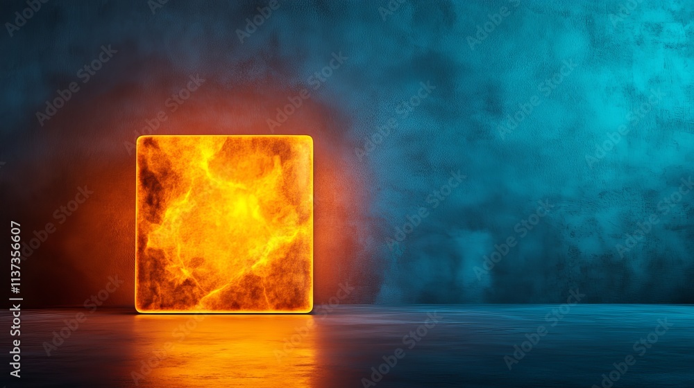 Fototapeta premium Illuminated square with fiery texture against blue background.