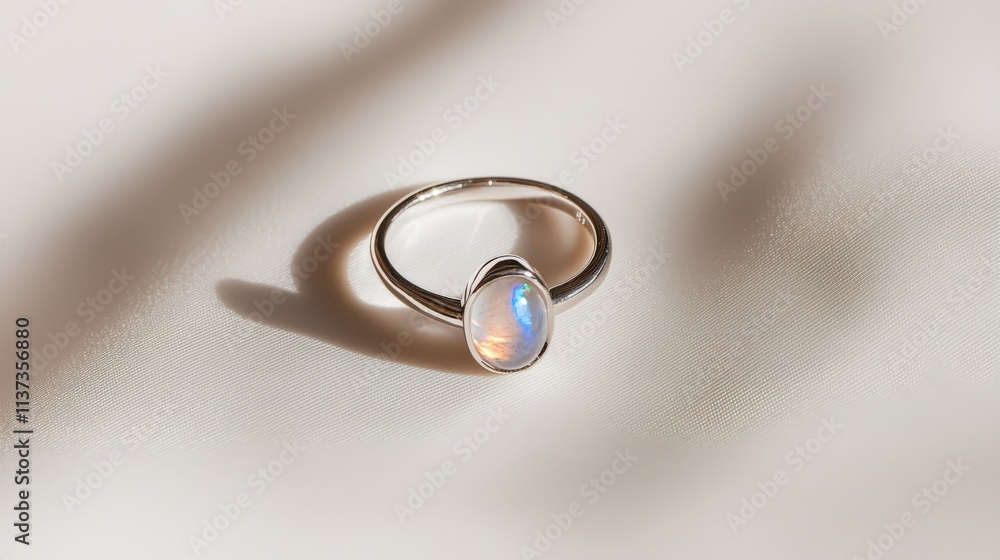 A moonstone ring with a minimalist silver band, placed on a white background. A moonstone ring with a minimalist silver band, placed on a white background.