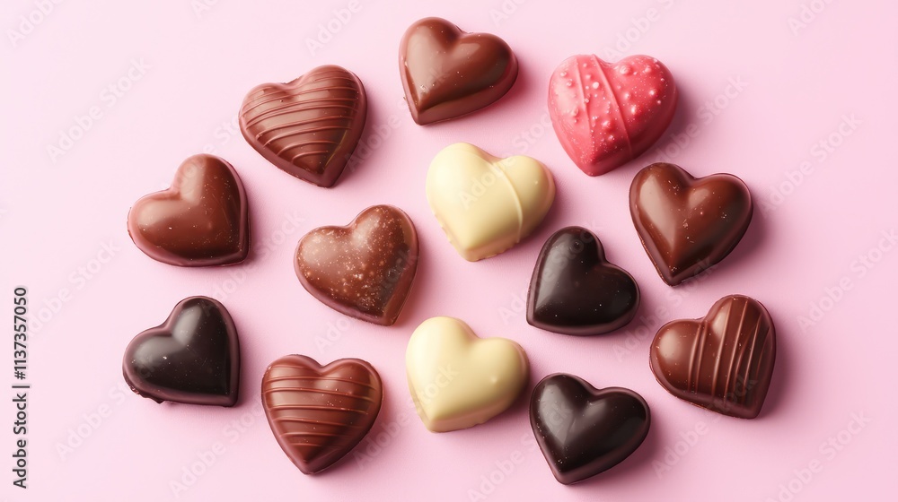 Fototapeta premium A collection of heart-shaped chocolates set on a soft pink background for Valentine's.
