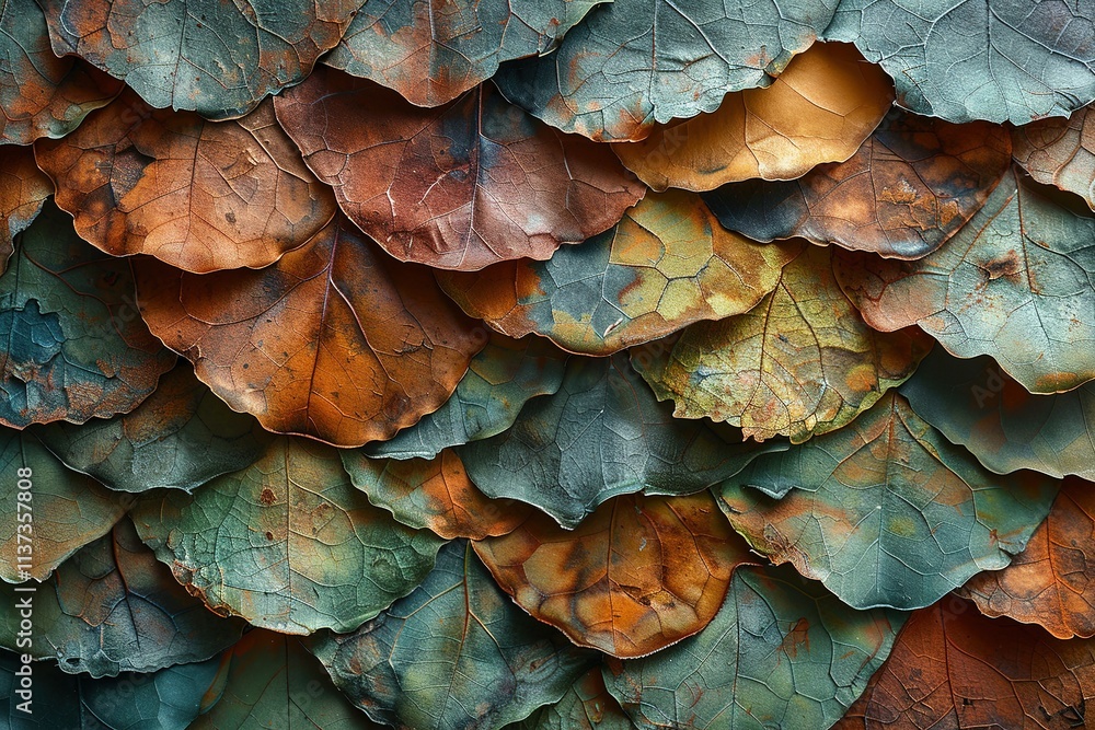 A collection of leaves in various colors and sizes are arranged in a pattern A collection of leaves in various colors and sizes are arranged in a pattern