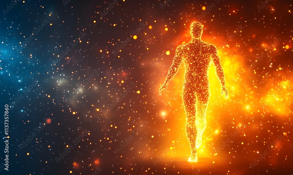 Glowing human figure in space, particle effect. Glowing human figure in space, particle effect.