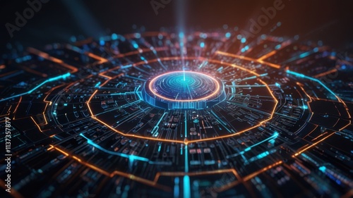 Wallpaper Mural Futuristic Cybersecurity Hub with Holographic Digital Vault and Global Monitoring Technology Display. Torontodigital.ca