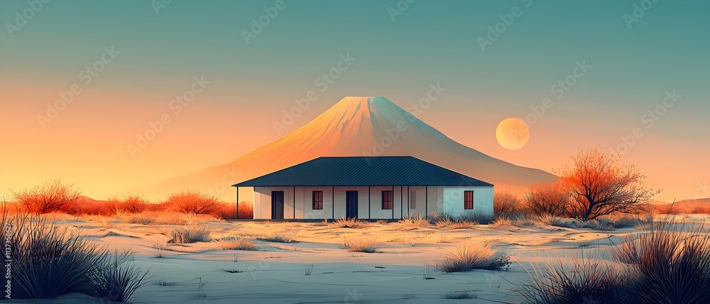 A serene landscape featuring a solitary white house against a stunning backdrop of a volcano and a warm sunset, creating a peaceful and reflective mood. A serene landscape featuring a solitary white house against a stunning backdrop of a volcano and a warm sunset, creating a peaceful and reflective mood.